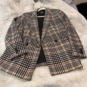 GAP Plaid Double-Breasted Blazer in Black, Brown & Cream